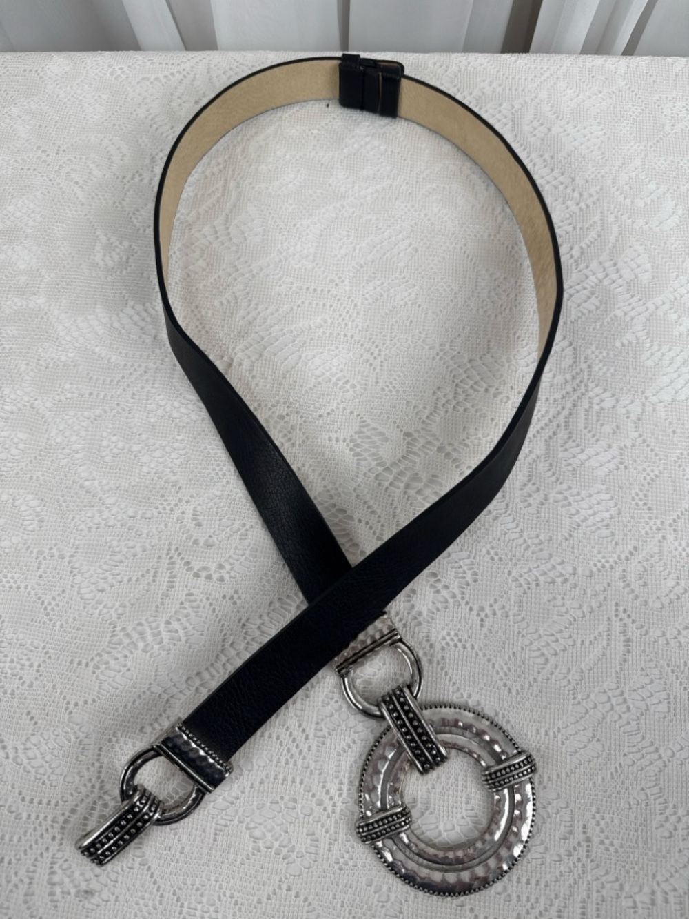 Chico’s Black Leather Belt Silver Statement Buckle S/M Adjustable